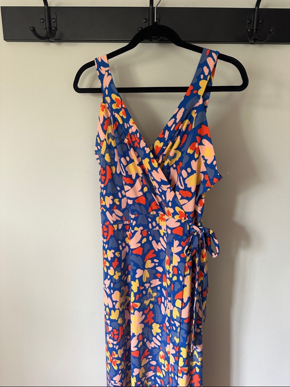 41 Hawthorn Blue Floral Wrap Maxi Dress with Pink and Orange Accents